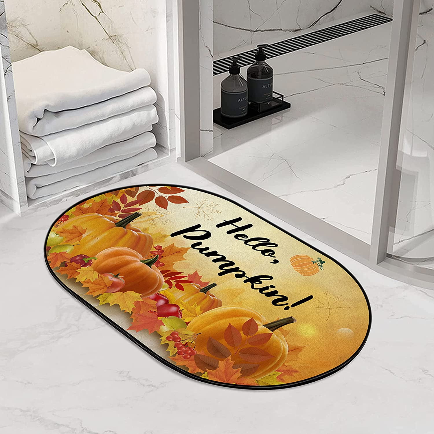 Hello Pumpkin Funny Diatomaceous Earth Bath Mat - Fall Rubber Non Slip Quick Dry Super Absorbent Washable Bathroom Rugs Doormat Fit Under Door（Oval,31.5×20 inch）