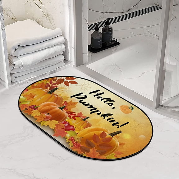 Hello Pumpkin Funny Diatomaceous Earth Bath Mat - Fall Rubber Non Slip Quick Dry Super Absorbent Washable Bathroom Rugs Doormat Fit Under Door（Oval,31.5×20 inch）