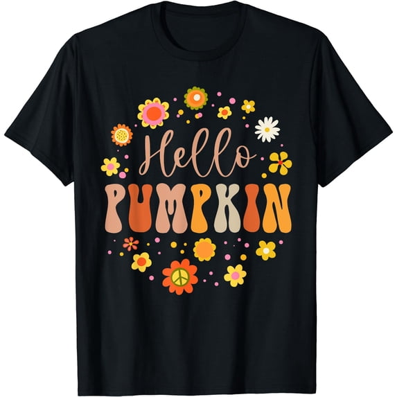 Hello Pumpkin Groovy Design Autumn Fall Lover Thanksgiving T-Shirt Black Small