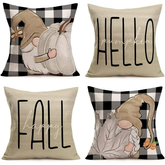 Hello Pumpkin Happy Fall Throw Pillow Covers 18x18 Inch Black White Buffalo Plaids with Gnomes Grey Pumpkin Autumn Leaves Pillow Cases Set of 4 Farmhouse Decorations Cushion Cover Thanksgiving