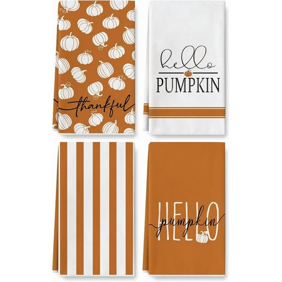 Hello Pumpkin Kitchen Towel Orange White Fall Dish Towel Autumn Harvest Thankful Hand Drying Tea Towel for Thanksgiving Holiday Farmhouse Cooking Baking Wiping Cleaning, Set of 4