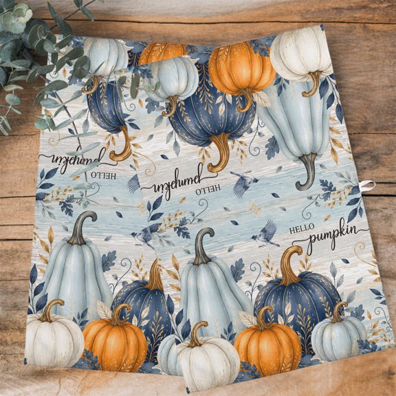 Hello Pumpkin Kitchen Towels Dish Towel Pack of 3 Rustic Thanksgiving Orange Blue Pumpkin Wood Grain Soft Dish Cloth Set Absorbent Dishcloth for Drying Dishes, Hand Towels 18 x 28 Inches