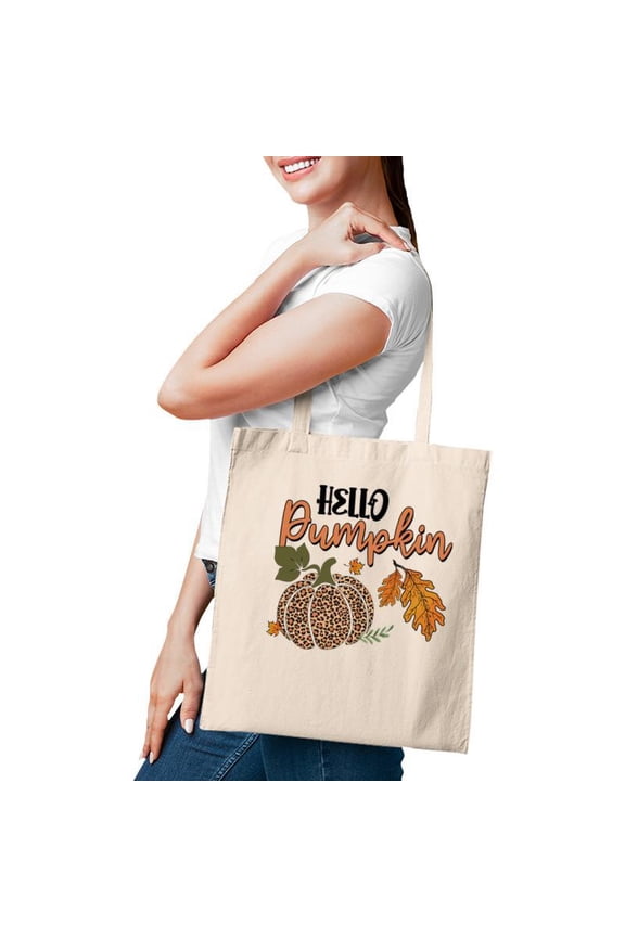 Hello Pumpkin Leopard Plaid Autumn Leaves Fall Tote Bag