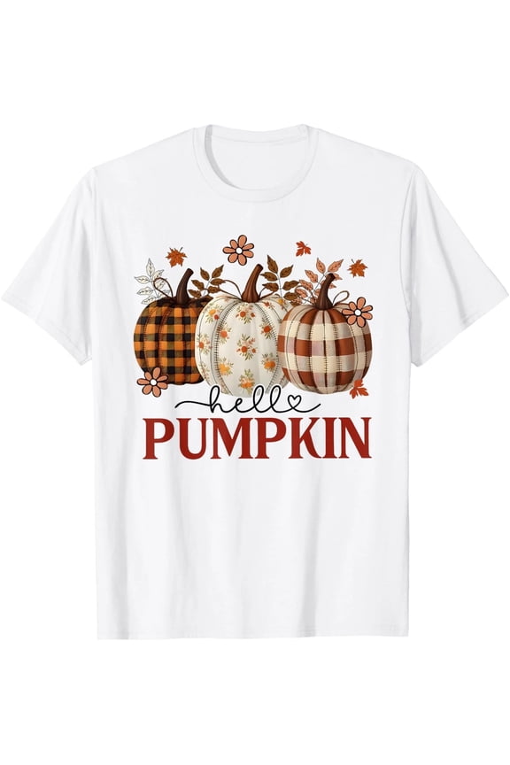 Hello Pumpkin Leopard Print for Fall Thanksgiving Men Women T-Shirt 7