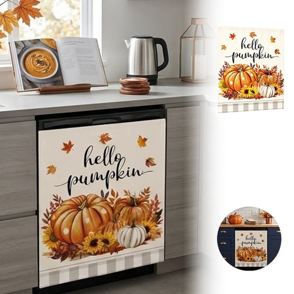 Hello Pumpkin Dishwasher Cover, Fall Kitchen Appliance Decal with Pumpkins and Sunflowers for Fridge, Dishwasher and Thanksgiving Decor, 25 x 22 Inch