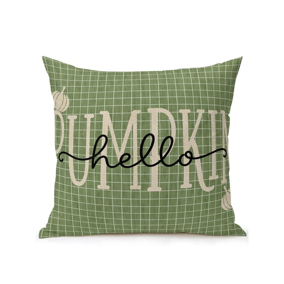 Hello Pumpkin Outdoor Throw Pillow with Insert, 16"x16" Minimalist Thanksgiving Fall White Green Line Grid Waterproof Decorative Square Patio Pillows for Outside Furniture, Sofa, Porch, Garden