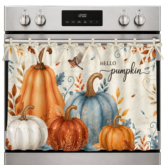 Hello Pumpkin Oven Curtain with Tie Top, Country Fall Leaf Orange Blue Pumpkins Vintage Oven Skirt Curtains with Tie Top Cabinet Cover Curtain for Small Kitchen Apartment Decor 27 x 20 Inches