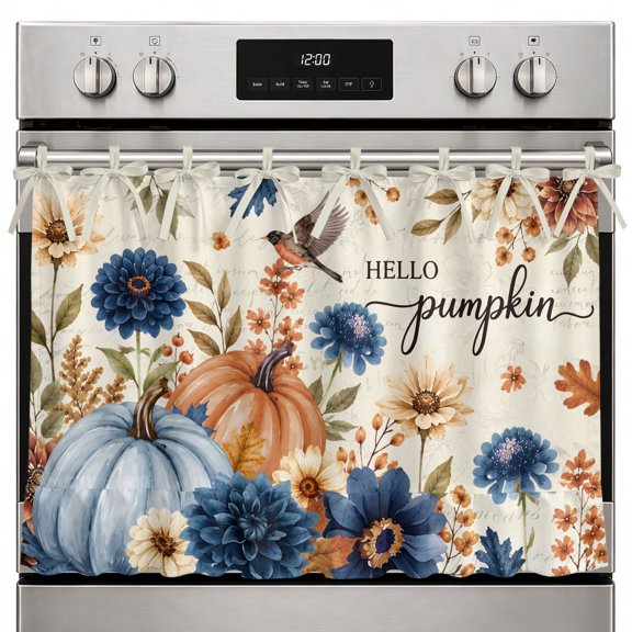 Hello Pumpkin Oven Curtain with Tie Top, Thanksgiving Fall Orange Blue Pumpkin Bird Floral Oven Skirt Curtains with Tie Top Cabinet Cover Curtain for Small Kitchen Apartment Decor 27 x 20 Inches