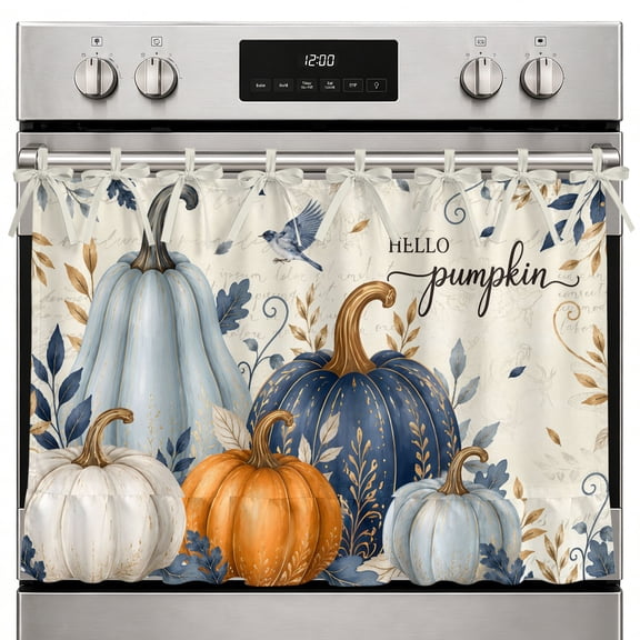 Hello Pumpkin Oven Curtain with Tie Top, Thanksgiving Fall Rustic Orange Blue Pumpkin Leaf Oven Skirt Curtains with Tie Top Cabinet Cover Curtain for Small Kitchen Apartment Decor 27 x 20 Inches