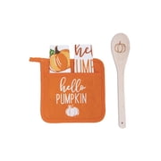 Hello Pumpkin Pocket Potholder w/ Wooden Spoon & Printed Dishtowels Gift Set