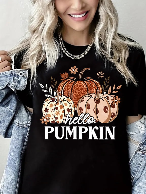 Hello Pumpkin Print Halloween Shirt Short Sleeve Shirts for Women Black One-Piece