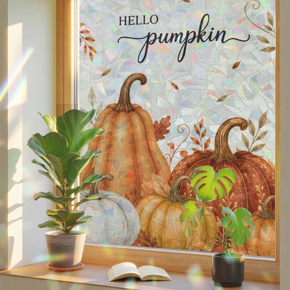 Hello Pumpkin Rainbow Window Privacy Film, Fall Orange Harvest Eucalyptus Leaves Retro Linen Stained Glass Window Film, Sun Blocking Static Cling Non Adhesive Door Stickers 17.7 x 39.3 Inches