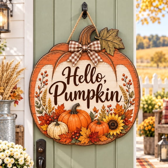 Hello Pumpkin Rustic Floral Wooden Door Sign for Fall Entryway Decor