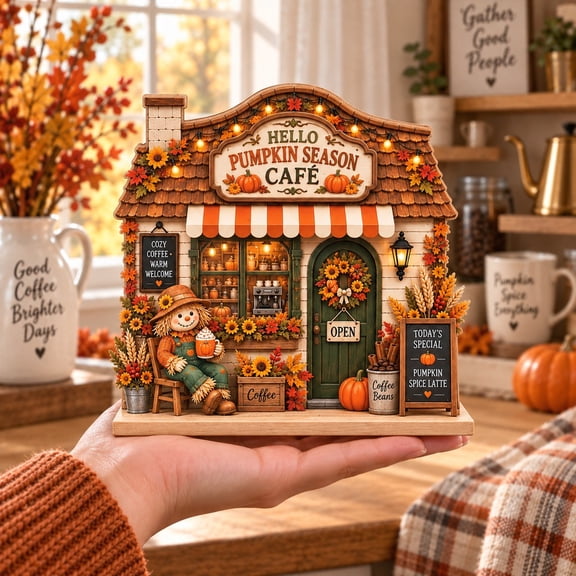 Hello Pumpkin Season Cafe Wooden Block for Fall Coffee Lover Tabletop Decor