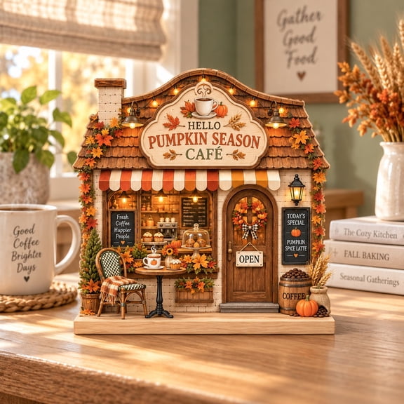 Hello Pumpkin Season Cafe Wooden Block for Rustic Autumn Tabletop Decor