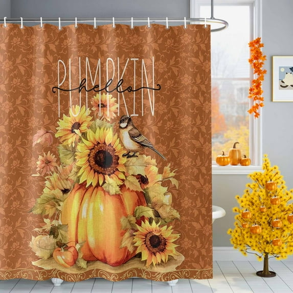 Hello Pumpkin Shower Curtains for Bathroom, Thanksgiving Sunflowers with Bird Waterproof Fabric Shower Curtain for Bathroom Bathtub Decoration, Machine Washable, 54x"78"