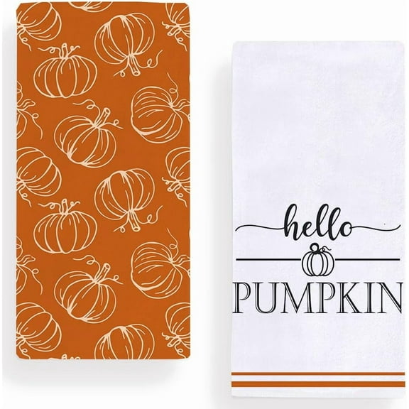 Hello Pumpkin Stripe Kitchen Dish Towel 18 x 26 Inch Autumn Harvest Thanksgiving Holiday Hand Towels Set of 2