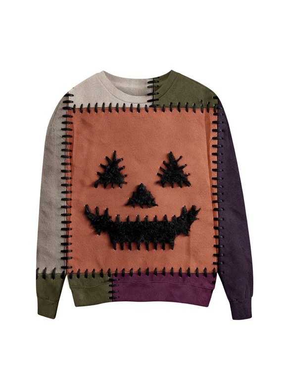 Hello Pumpkin Sweatshirt, for Women Patchwork Pumpkin Face Print Casual Sweatshirt Casual Fit for Everyday Wear Crew Neck Long Sleeved