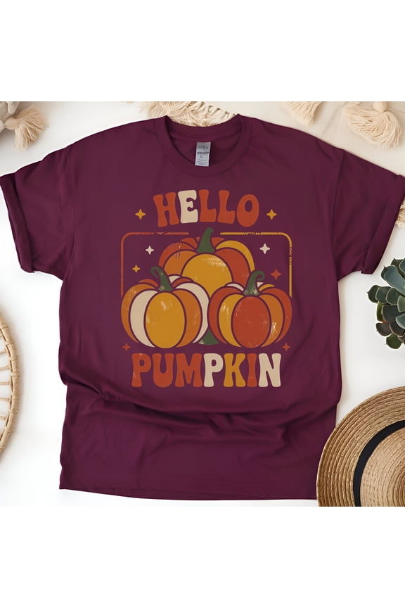 Hello Pumpkin T-Shirt | Retro Fall Pumpkin Tee | Cozy Autumn Top, Maroon, Size M