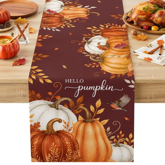 Hello Pumpkin Table Runner, Fall Orange Harvest Eucalyptus Leaves Dark Red Decorative Table Runner for Kitchen, Dining‑Room, Banquet and Holiday Party, 13x36 Inch