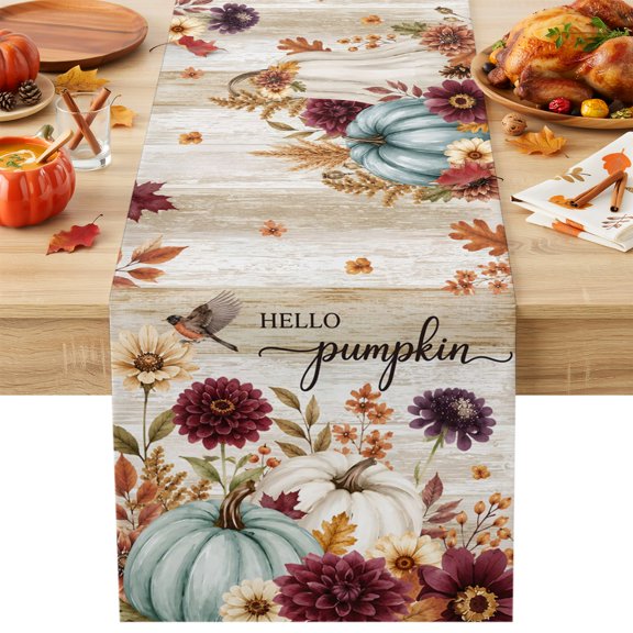 Hello Pumpkin Table Runner, Rustic Green White Pumpkin Red Dahlia Wood Grain Cotton Linen Kitchen Table Decoration Washable Dining Tabletop Runners for Home Party Decor 13x36 Inches