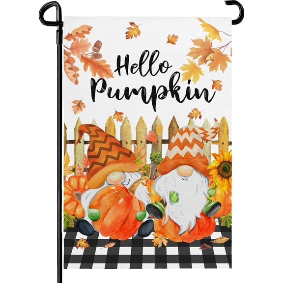 Hello Pumpkin Tanksgiving Garden Flags Double Sided Gnomes Fall Flag 12x18 Inch Autumn Maple Leaves Yard Flags for Outside Lawn Holiday Decoration