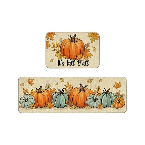 Hello Pumpkin Thankful Fall Kitchen Mats Set of 2,Thanksgiving Decorative Kitchen Rugs Seasonal Autumn Home Decor Low-Profile Kitchen Rugs for Floor - 15.7x23.6 and 15x47 Inch