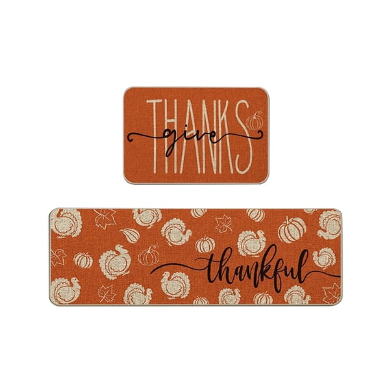 Hello Pumpkin Thankful Fall Kitchen Mats Set of 2,Thanksgiving Decorative Kitchen Rugs Seasonal Autumn Home Decor Low-Profile Kitchen Rugs for Floor - 15.7x23.6 and 15x47 Inch