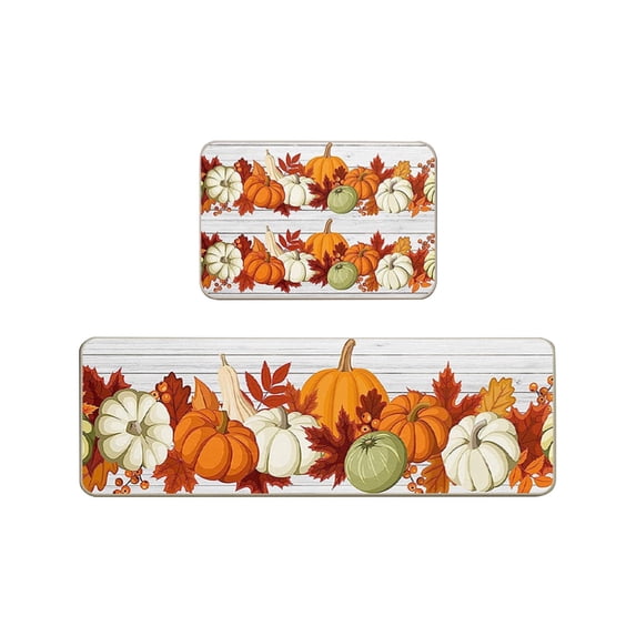 Hello Pumpkin Thankful Fall Kitchen Mats Set of 2,Thanksgiving Decorative Kitchen Rugs Seasonal Autumn Home Decor Low-Profile Kitchen Rugs for Floor - 15.7x23.6 and 15x47 Inch