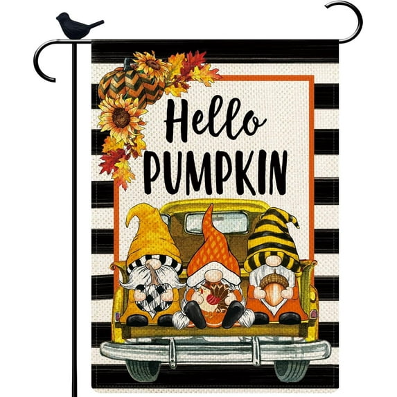 Hello Pumpkin Three Gnomes in Truck Seasonal Small Garden Flag with Sunflowers for Thanksgiving Day Fall Holiday Welcome Garden Flag for Home Outdoor Lawn 12.5×18 Inch