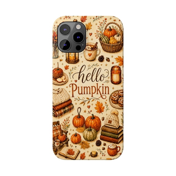 Hello Pumpkin Tough Phone Case, Fall Pumpkin Leaves Dual Layer Glossy Protective Cover Compatible with iPhone 12 Pro Max