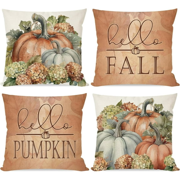 Hello Pumpkin Vintage Fall Throw Pillow Covers 18x18 Inch Hydrangea Floral Rustic Outdoor Country Farmhouse Autumn Decorations Decorative Throw Pillows Cases Set of 4 for Home Porch Decor
