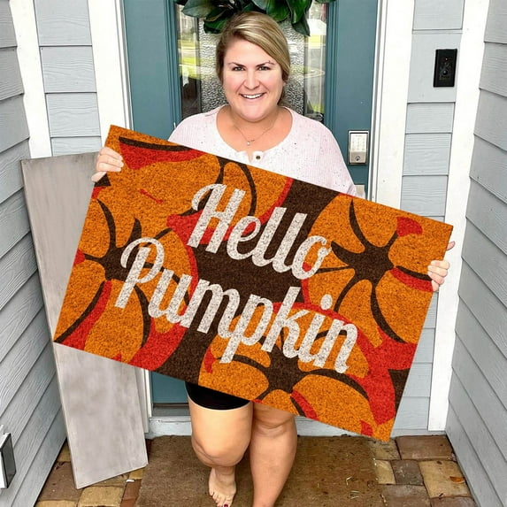 Hello Pumpkin Welcome Fall Door Mat, Funny Cute Doormat Door Mat, Entrance Front Doormats, Harvest Home Decor Mats Non-Slip Coir Rugs, Seasonal Harvest Vintage Rustic Low-Profile Floor Mat, 40*60cm