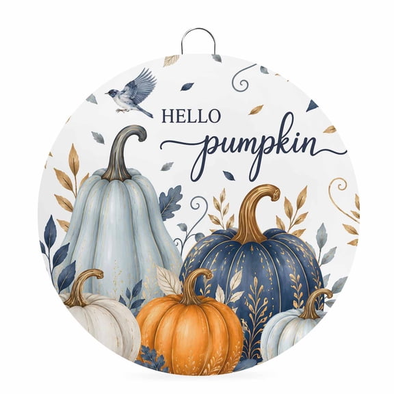 Hello Pumpkin Welcome Sign for Front Door 6 in Thanksgiving Fall Orange Blue Pumpkin Bird Leaf Round Metal Sign Wall Hanging Sign for Indoor Outdoor Farm Home Porch Wall Decor Thanksgiving Gift