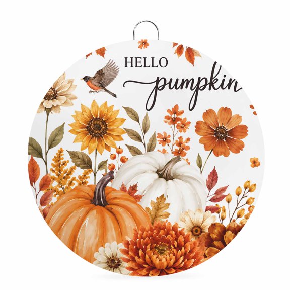 Hello Pumpkin Welcome Sign for Front Door 8 in Thanksgiving Fall Orange White Pumpkin Bird Flower Round Metal Sign Wall Hanging Sign for Indoor Outdoor Farm Home Porch Wall Decor Thanksgiving Gift