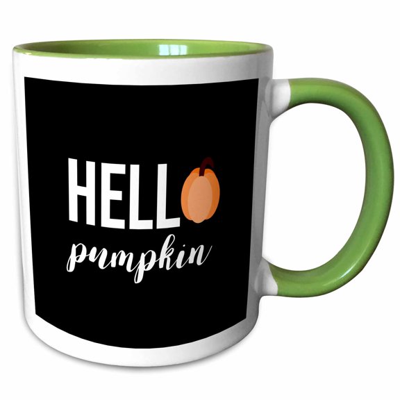3drose, Hello Pumpkin with a Pumpkin as the O in Hello. White Letters on Black, 15oz Two-tone Green Mug