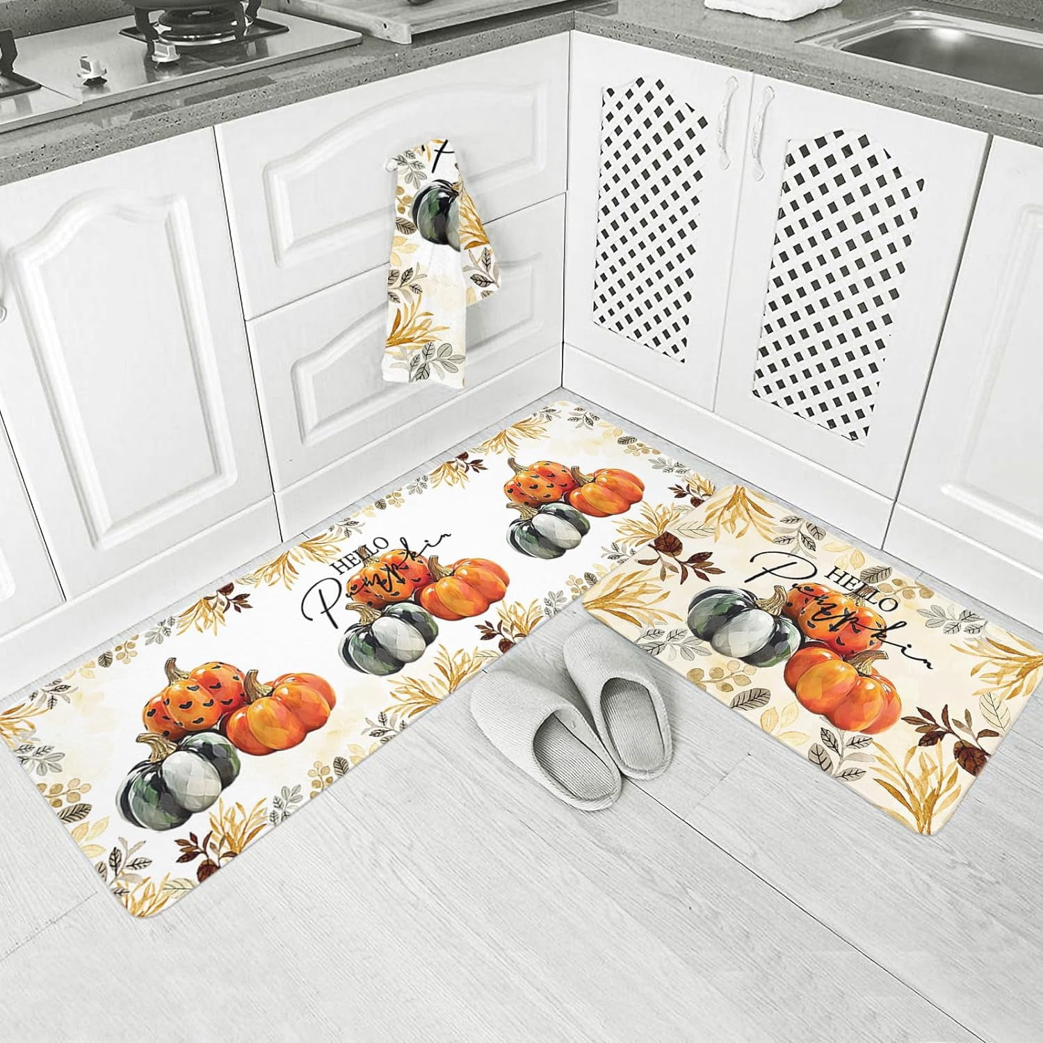 Hello Pumpkins Kitchen Floor Mats, Mid Century Boho Leaf Plant 2 PCS Anti Fatigue Area Runner Rugs Set Watercolor Botanical Non-Slip Bathroom Comfort Standing Mat Home Decor