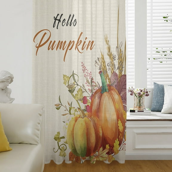 Hello Pumpkins,Semi Sheer Curtains Drapes for Living Room,Bedroom,French Doors Window 45 Inches Long,Country Rustic Fall Autumn Leaves Wheat Rod Pocket Chiffon Curtain Drapery Voile Draperies Panel