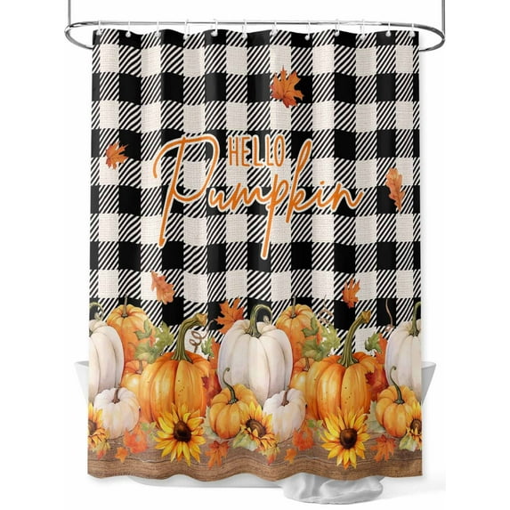 Hello Pumpkins Shower Curtain Set, Waterproof Shower Curtains for Bathroom, Thanksgiving Fall Maple Leaf Black Plaid Washable Fabric Cloth Bath Curtain for Bathtub Decoration with Hooks 72x78 Inches