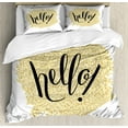 thumbnail image 1 of Hello Queen Size Duvet Cover Set, Brush Pen Lettering Hello in Black with Gold Color Mosaic Looking Background, Decorative 3 Piece Bedding Set with 2 Pillow Shams, Black White Gold, by Ambesonne, 1 of 3