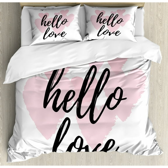 Hello Queen Size Duvet Cover Set, Hello Love Hand Lettering Print on Pink Hearts Inspirational Quotes Minimal Design, Decorative 3 Piece Bedding Set with 2 Pillow Shams, Rose Black, by Ambesonne