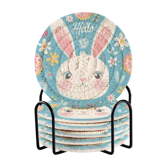 Hello Rabbit Face Coasters with Holder for Coffee Table 6 Pcs Drink Coaster Sets Absorbent for Home Decor 4 inch