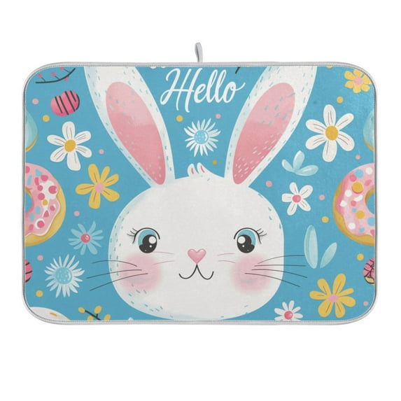 Hello Rabbit Face Dish Drying Mat 16x18 Absorbent Microfiber Draining Rack Pad for Kitchen Counter Sink