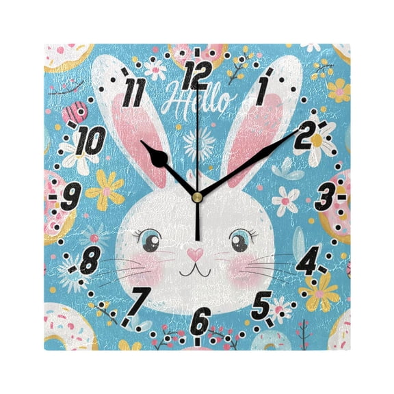 Hello Rabbit Face Wall Clock Battery Operated Silent Non-Ticking Bedroom Office Kitchen Home School Decor 7.8"(Black)