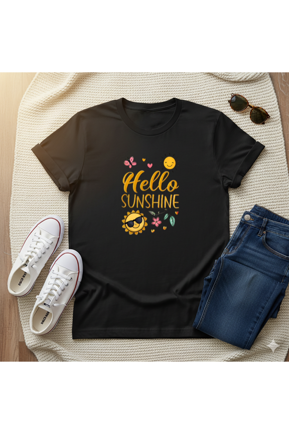 Hello SUNSHINE Cute Sun Butterflies Flowers Graphic T-Shirt, for men & women, S-5XL