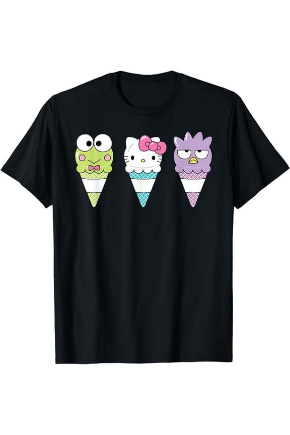 Hello Sanrio Keroppi Hello Kitty Badtz-Maru Ice Cream Cone T-Shirt, Cute Kitten Tee For Men Women Cat Lovers, Black Color, Size S