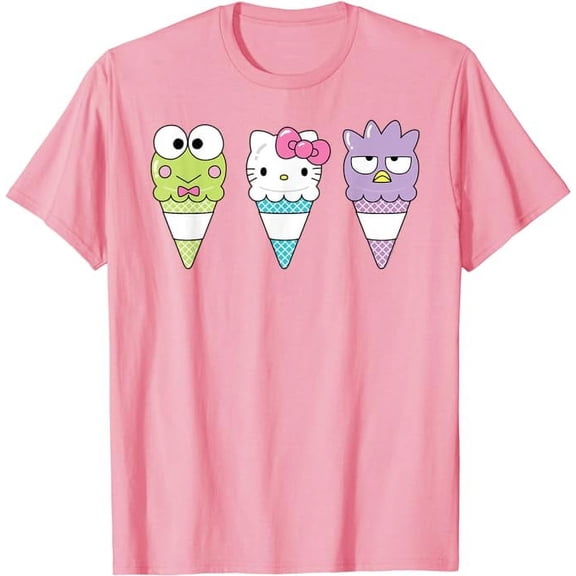 Hello Sanrio Keroppi Hello Kitty Badtz-Maru Ice Cream Cone T-Shirt, Cute Kitten Tee For Men Women Cat Lovers, Light Pink Color, Size 2XL