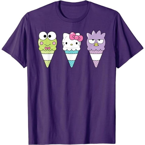 Hello Sanrio Keroppi Hello Kitty Badtz-Maru Ice Cream Cone T-Shirt, Cute Kitten Tee For Men Women Cat Lovers, Purple Color, Size M
