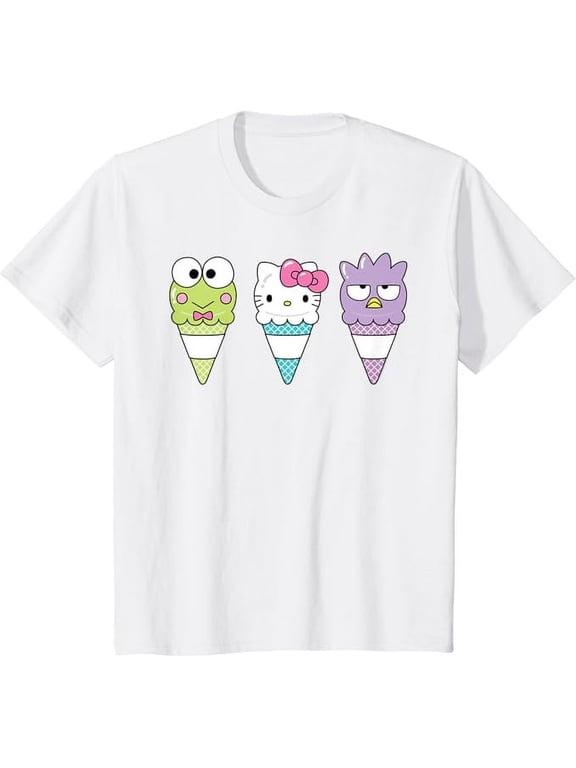 Hello Sanrio Keroppi Hello Kitty Badtz-Maru Ice Cream Cone Youth T-Shirt, Cute Kitten Tee For Boys Girls Kids, White Color, Size XS