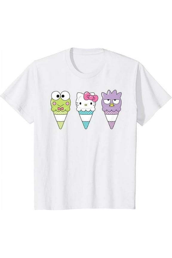 Hello Sanrio Keroppi Hello Kitty Badtz-Maru Ice Cream Cone Youth T-Shirt, Cute Kitten Tee For Boys Girls Kids, White Color, Size XS